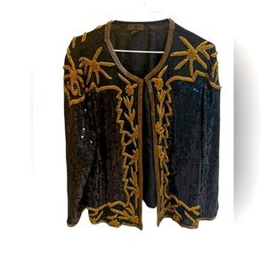 VINTAGE 1970s 80s MEGERE SILK BEADED SEQUIN JACKET BLACK GOLD SIZE MEDIUM